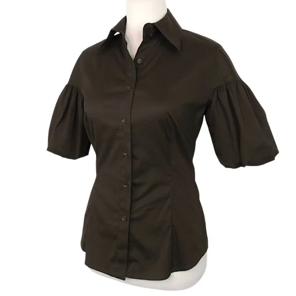 PER SE Brown Puff Sleeve Button Front Shirt Office Blouse Top Women's Size 4 - Picture 2 of 10
